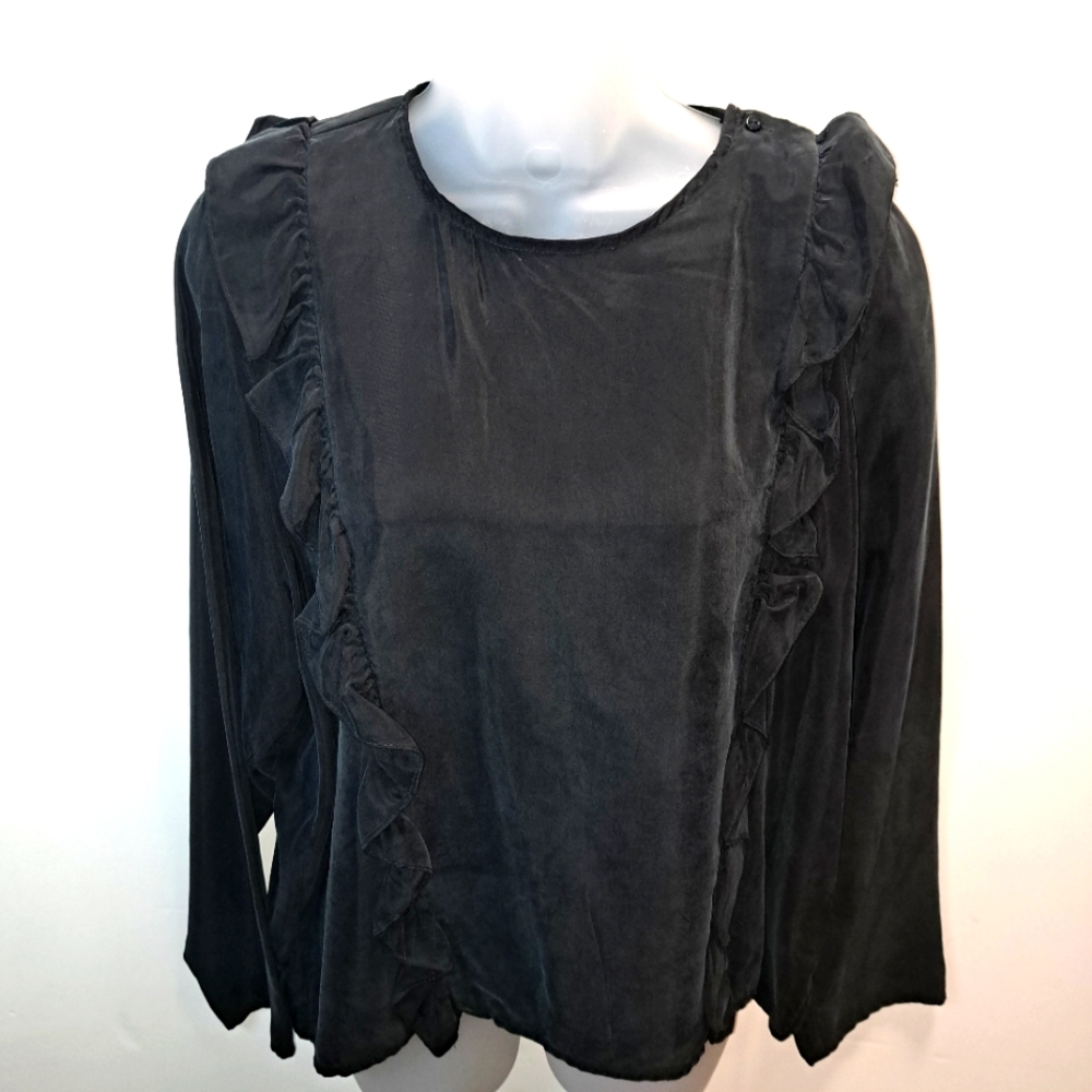 Zara Women's Premium Denim Collection Blouse Ruffle Black Long Sleeve
